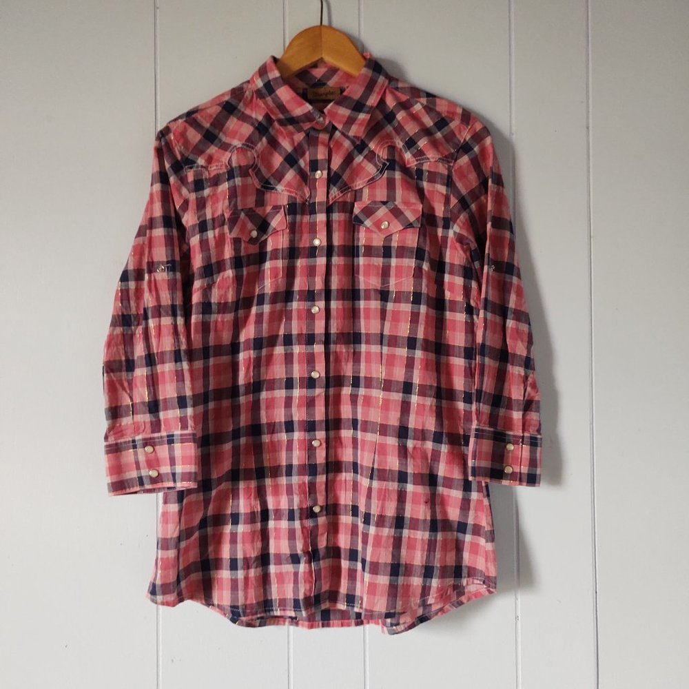 Wrangler 3/4 Sleeve Plaid Western Snap Shirt
